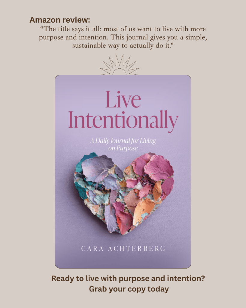 A promotional image for the journal 'Live Intentionally' by Cara Achterberg, featuring a colorful heart collage on the cover and an Amazon review highlighting its purpose-driven approach.